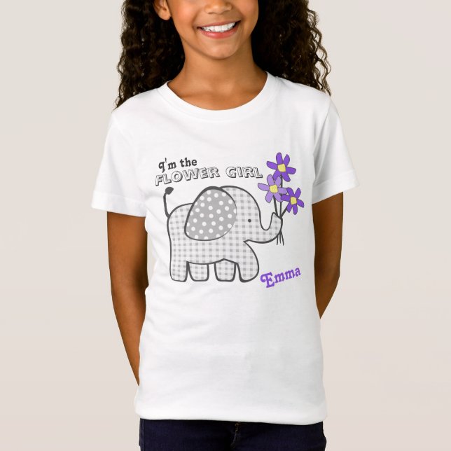 Flower Girl Gingham Elephant Purple Flowers T-Shirt (Front)