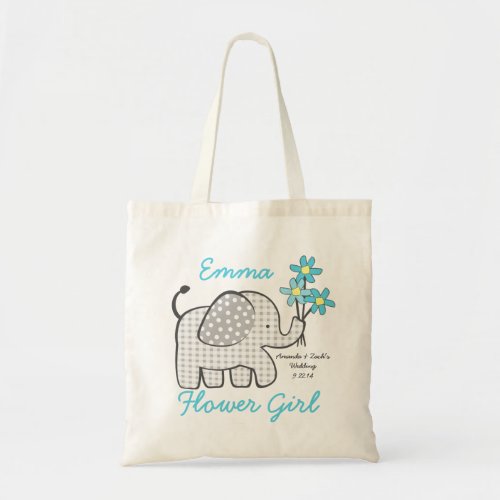 Flower Girl Gingham Elephant with Bouquet Blue Tote Bag