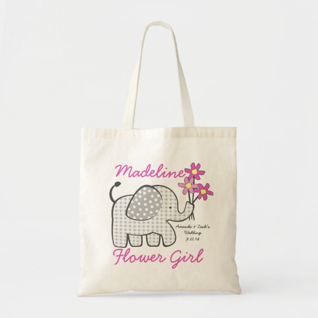 Flower Girl Gingham Elephant with Bouquet Pink Tote Bag (Front)