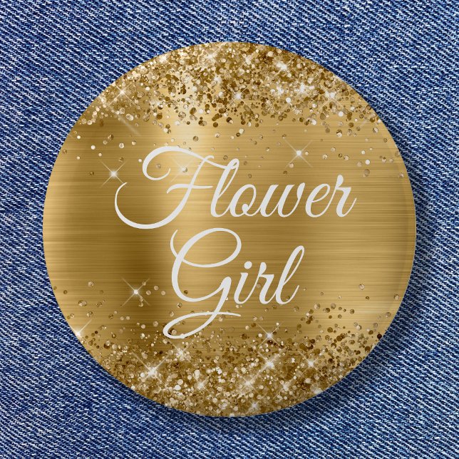 Flower Girl Glittery Gold Foil Button (Flower Girl Glittery Gold Foil Button)