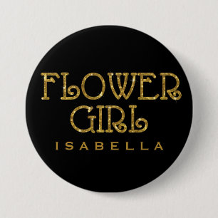 Flower Girl Gold Faux Glitter Name Tag Button