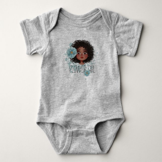 Flower girl grey, blue baby bodysuit (Front)