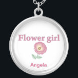 Flower Girl II Silver Plated Necklace<br><div class="desc">Say thank you to your flower girl with this adorable pendant necklace featuring a cute pink flower. Add her name,  change background color,  and make it special!</div>