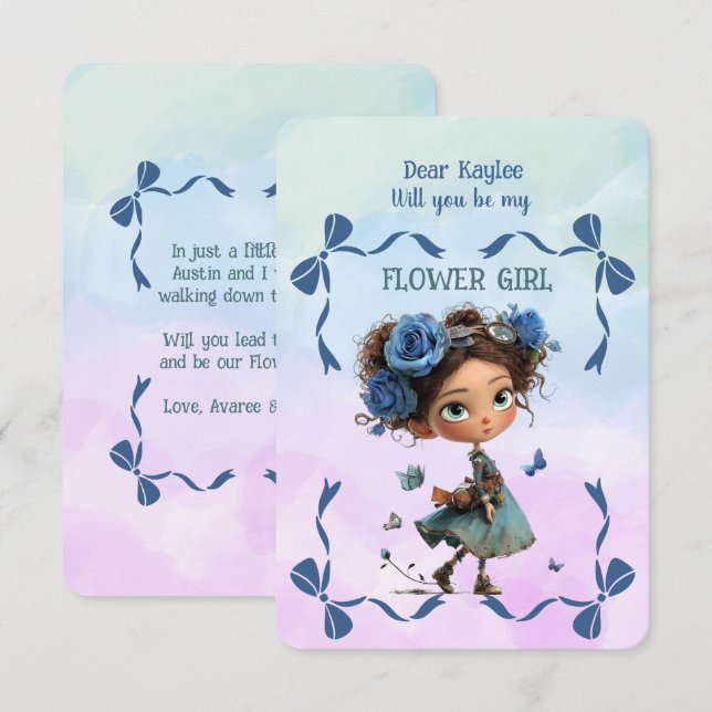 Flower Girl Invitation Floral Blue Watercolor (Front/Back)