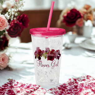 Flower Girl Name Burgundy Floral Wedding Acrylic Tumbler