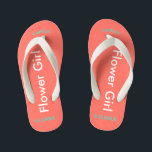 Flower Girl NAME Coral Kid's Flip Flops<br><div class="desc">Flower Girl is written in white text against bright coral color. Name and Date of Wedding is pretty turquoise blue. Personalize your little flower girls name in arched uppercase letters. Click Customize to increase or decrease name size to fall within safe lines. Pretty beach destination flip flops as part of...</div>