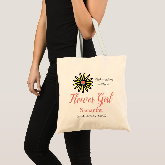 Flower Girl Name Coral Yellow Flower Tote Bag (Front (Product))