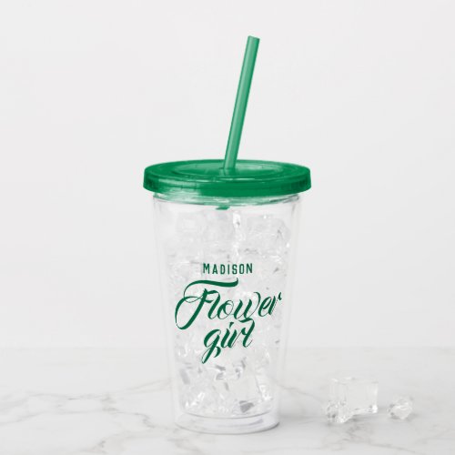 Flower Girl Name Green Script Bridal Wedding Gift Acrylic Tumbler