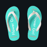 Flower Girl NAME Turquoise Kid's Flip Flops<br><div class="desc">Flower Girl is written in white text against bright happy turquoise color. Name and Date of Wedding is pretty coral. Personalize your little flower girls name in arched uppercase letters. Click Customize to increase or decrease name size to fall within safe lines. Pretty beach destination flip flops as part of...</div>