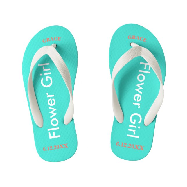 Flower Girl NAME Turquoise Kid's Flip Flops (Footbed)