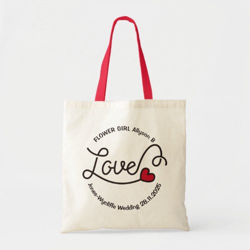 Flower Girl Name Wedding Love Red Heart Typography Tote Bag