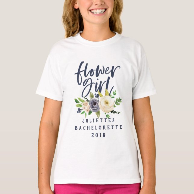 Flower girl navy floral watercolor t-shirt (Front)