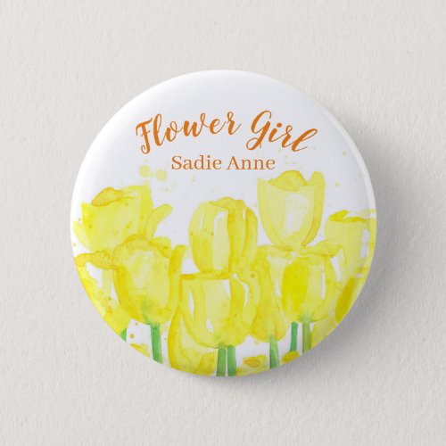 Flower Girl Personalized Yellow Tulips Wedding Button