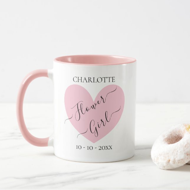 Flower Girl Pink Heart Bridal Party Personalized Mug (With Donut)