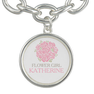Flower girl pink posy named wedding favor charm bracelet