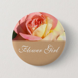 Flower girl pink yellow rose wedding name button. pinback button