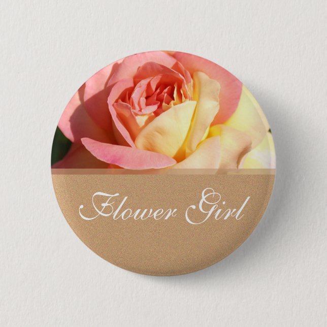 Flower girl pink yellow rose wedding name button. pinback button (Front)