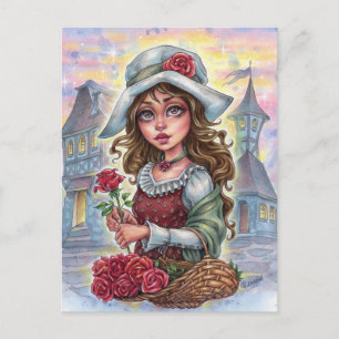Flower Girl Postcard Medieval Fairytale Town Roses
