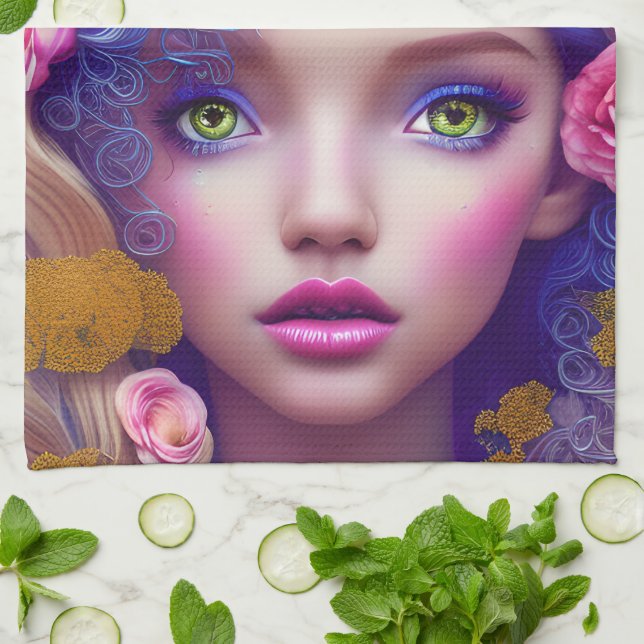 Flower Girl Princess Inspired by Ukrainian Culture Kitchen Towel (Folded)