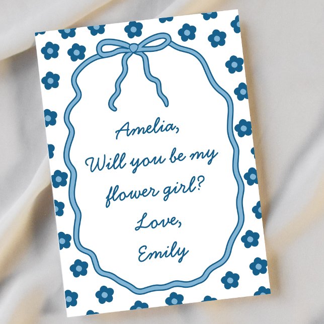 Flower Girl Proposal Custom Floral Bow Dusty Blue  Card (Creator Uploaded)