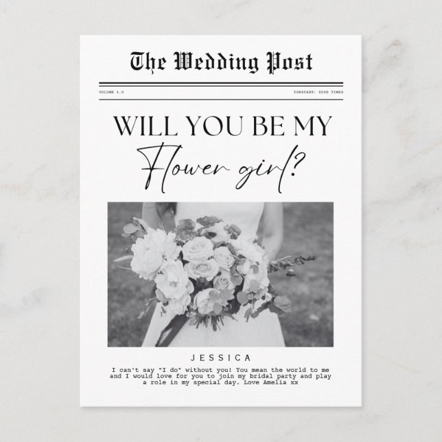 Flower Girl proposal, Custom Newspaper Postcard (Front)