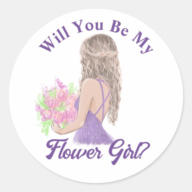 flower girl proposal,  modern purple script classic round sticker (Front)