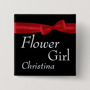 FLOWER GIRL Red Bow Wedding Custom Name Pinback Button