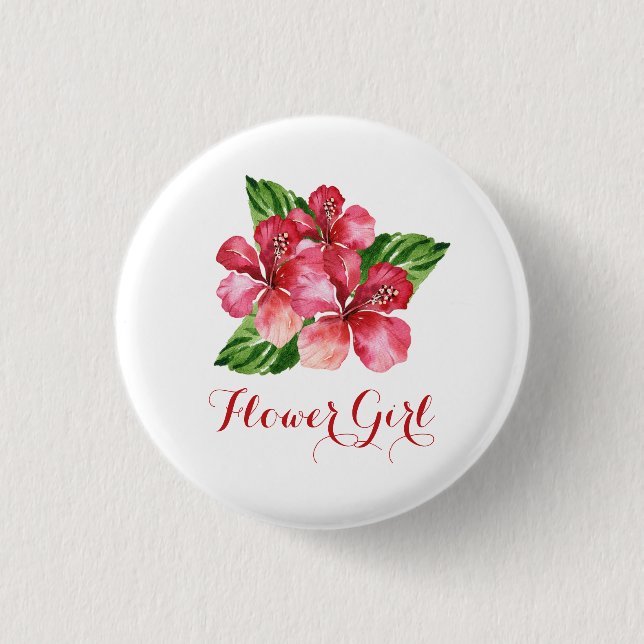 Flower Girl Red Hibiscus Tropical Floral Button (Front)