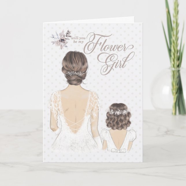 Flower Girl Request Wedding Bride and Girl Taupe Card (Front)