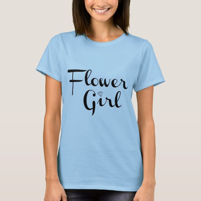 Flower Girl Retro Script Black on Blue T-Shirt (Front)