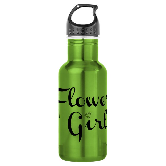 Flower Girl Retro Script Black on Green Water Bottle (Front)