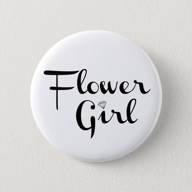 Flower Girl Retro Script Black on White Pinback Button (Front)