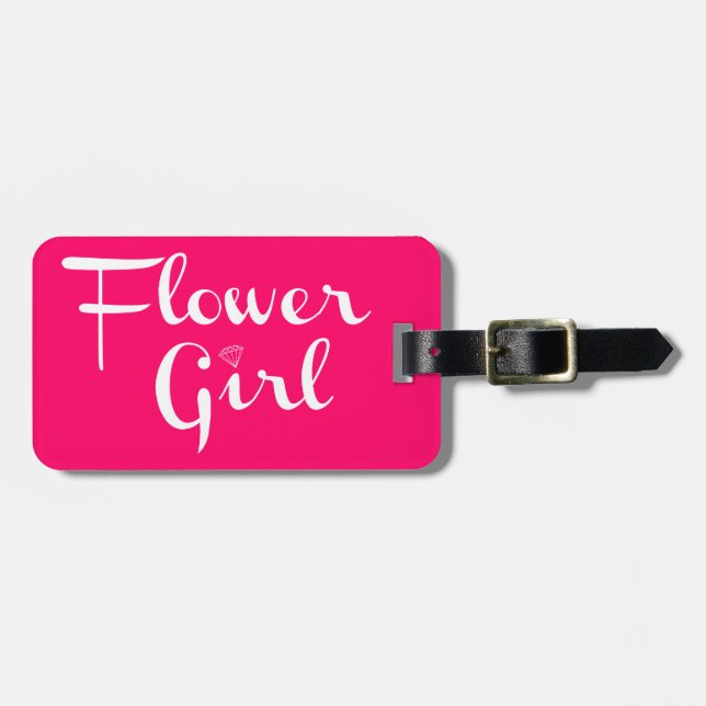 Flower Girl Retro Script White on Hot Pink Luggage Tag (Front Horizontal)