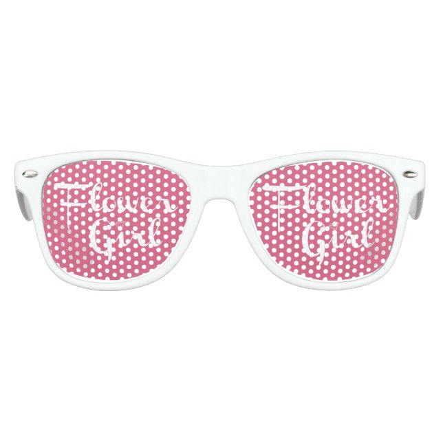 Flower Girl Retro Script White on Pink Kids Sunglasses (Front)