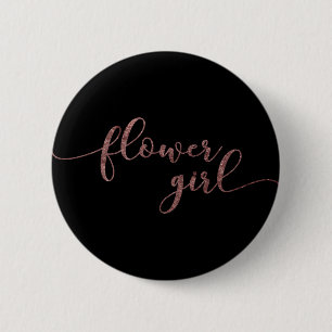 "Flower Girl" Rose Gold Glitter on Black Button