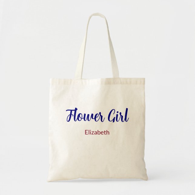 Flower Girl Script Navy Blue and Burgundy Name Tote Bag (Front)