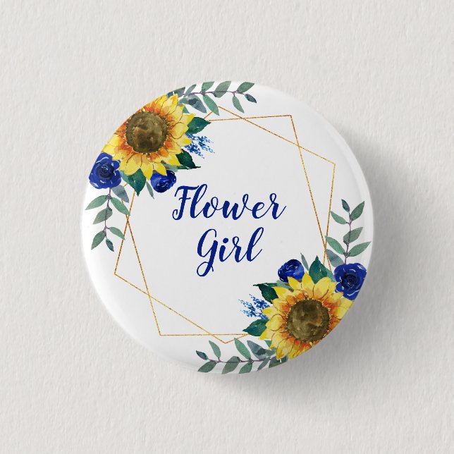 Flower Girl Sunflower Geometric Blue Floral Button (Front)