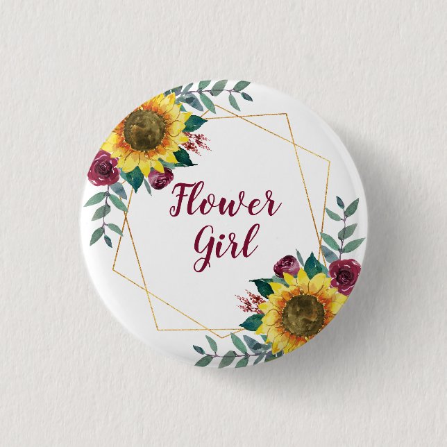 Flower Girl Sunflower Geometric Burgundy Button (Front)