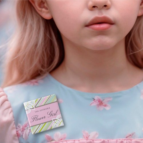 FLOWER GIRL Sweet Garden Stripes Wedding Name Tag Pinback Button