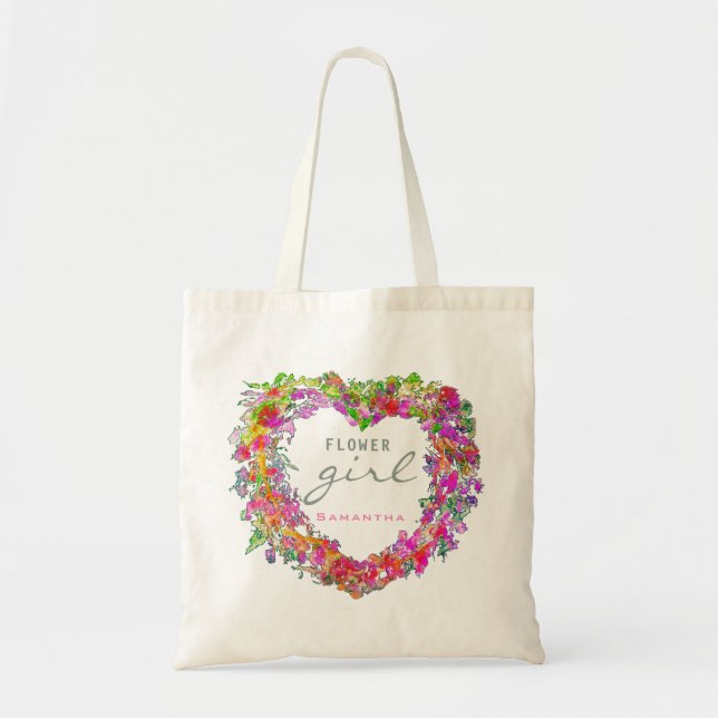 Flower Girl Trendy Script Watercolor Heart Wreath  Tote Bag (Front)