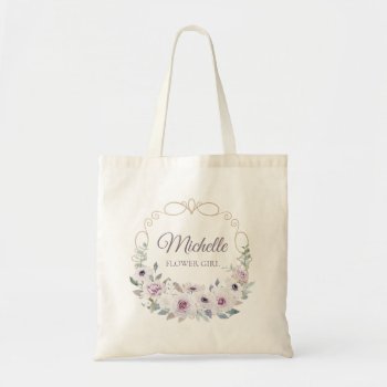 Flower Girl Violet Rose Floral Wreath With Name Tote Bag by MaggieMart at Zazzle