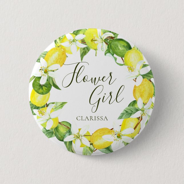 Flower Girl Watercolor Lemon Floral Wreath   Butto Button (Front)