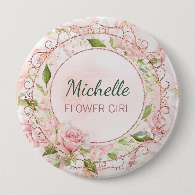 Flower Girl Watercolor Rose Gold Pink Floral Button (Front)