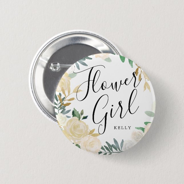 Flower Girl White Rose Bouquet Custom Wedding Button (Front & Back)