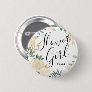 Flower Girl White Rose Bouquet Custom Wedding Button
