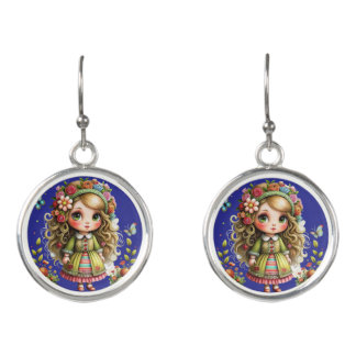 Flower Girl with Curly Hair Silver Drop Earrings