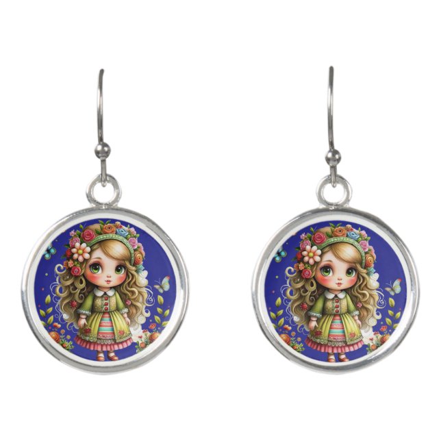 Flower Girl with Curly Hair Silver Drop Earrings (Front)