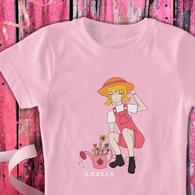 Flower Girl with Watering Can Blond Hair Name T-Shirt (Creator Uploaded)