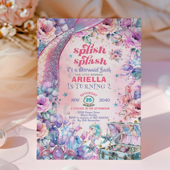 Flower Glitter Mermaid Tail 2nd Birthday  Invitation (Creator Uploaded)