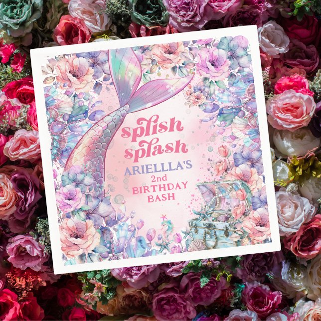 Flower Glitter Mermaid Tail 2nd Birthday Napkins (Creator Uploaded)
